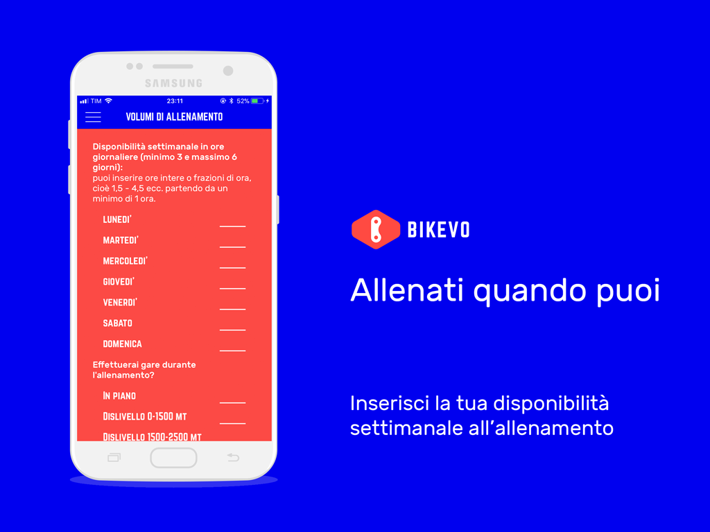 Screenshot disponibilità settimanale Bike Personal Coach